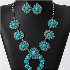 Southwest Style Squash Blossom Imitation Turquoise Statement Necklace